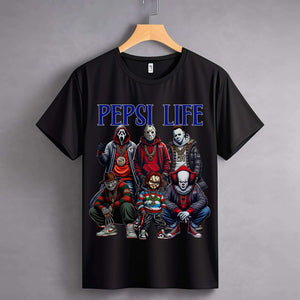 Black T-shirt with "Pepsi Life" and graphic of horror figures, hung on wooden hanger against gray background.