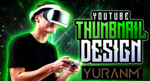 Man with VR headset and controller enjoying YouTube thumbnail design service with green futuristic background.