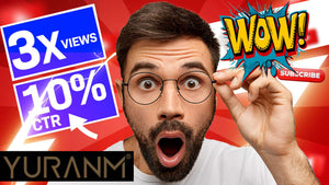 Man with surprised expression, surrounded by YouTube growth graphics; "3x Views," "10% CTR," "Subscribe," and "WOW!" icons.