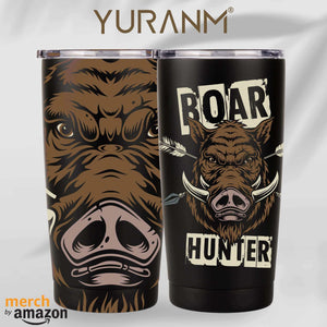 Custom boar hunter tumbler design with detailed graphics on black tumblers by Merch by Amazon, featuring YURANM logo.