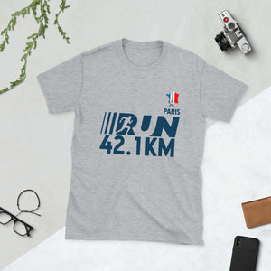 Olympic Games Paris 2024 Short-Sleeve Unisex T-Shirt with RUN 42.1KM graphic in grey on flat lay background