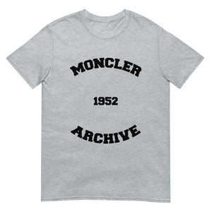 Grey designer t-shirt with "Moncler Archive 1952" text in black print on the front