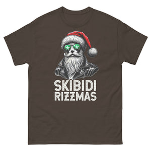 Skibidi Rizzmas Christmas T-Shirt featuring a cool Santa Claus with sunglasses and festive text design. Unisex classic style.