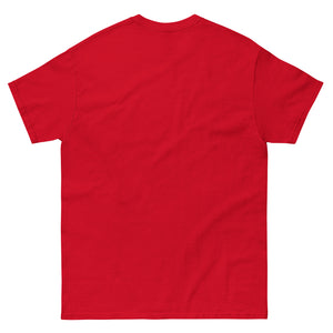 Back view of a red unisex classic t-shirt, perfect for showcasing festive holiday designs.