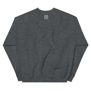 Back view of Cosmic Curiosity Unisex Sweatshirt in dark gray color with minimalist design