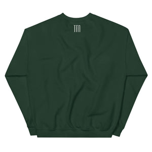 Back view of Cosmic Curiosity Unisex Sweatshirt showing dark green color and minimalist design with subtle lines.