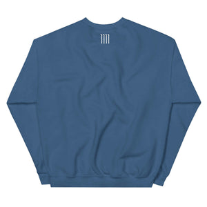 Back view of Stellar Compassion Unisex Sweatshirt in blue, featuring a minimalist design and detailed stitching.