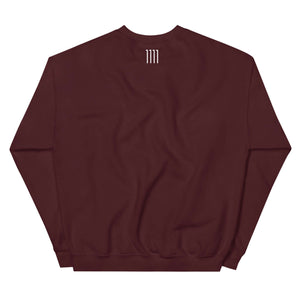 Maroon Cosmic Curiosity Unisex Sweatshirt rear view with unique design and subtle markings in a minimalist style