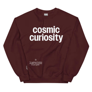 Maroon Cosmic Curiosity Unisex Sweatshirt with inspirational quote for explorers and dreamers