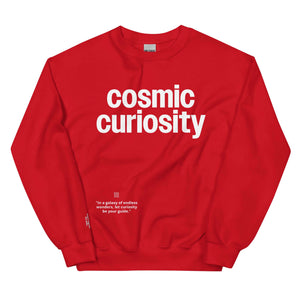 Red Cosmic Curiosity unisex sweatshirt with inspiring text for knowledge seekers and adventurers.