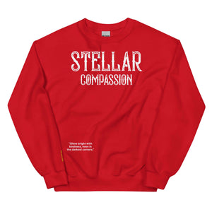 Red unisex sweatshirt with "Stellar Compassion" text, promoting kindness and positivity.