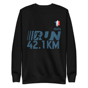 Olympic Games Paris 2024 Unisex Premium Sweatshirt with "Run 42.1 KM" design, ribbed crew neck, and long sleeves in black color.