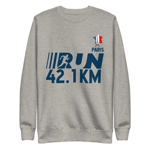 Olympic Games Paris 2024 Unisex Premium Sweatshirt with "Run 42.1 KM" design on gray fabric, ribbed crew neck, long sleeves, soft fleece inside