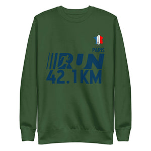 Olympic Games Paris 2024 Unisex Premium Sweatshirt in green with RUN 42.1 KM design and French flag logo.