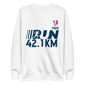 Olympic Games Paris 2024 Unisex Premium Sweatshirt with "Run 42.1 KM" design in white, featuring ribbed crew neck and long sleeves.