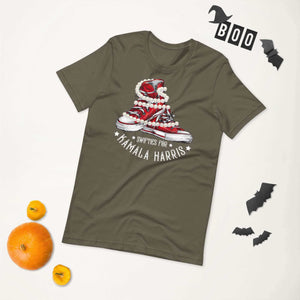 Swifties for Kamala Chucks and Pearls Harris VOTE unisex T-shirt, soft lightweight fabric, displayed with Halloween decorations.