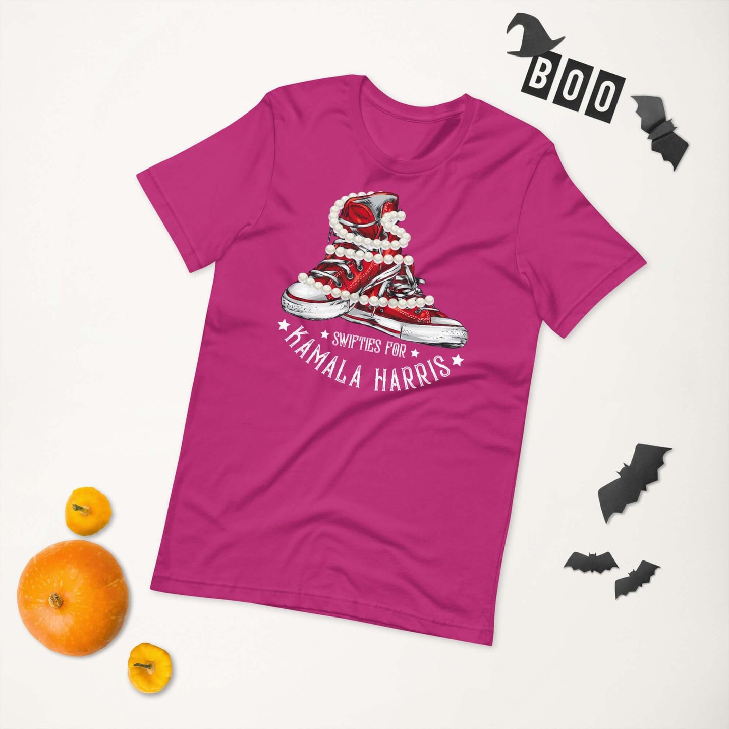 Swifties for Kamala Chucks and Pearls Harris VOTE unisex t-shirt with sneakers design, Halloween-themed background