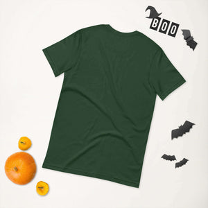 Dark green unisex t-shirt on Halloween-themed background with pumpkins and cut-out bats.