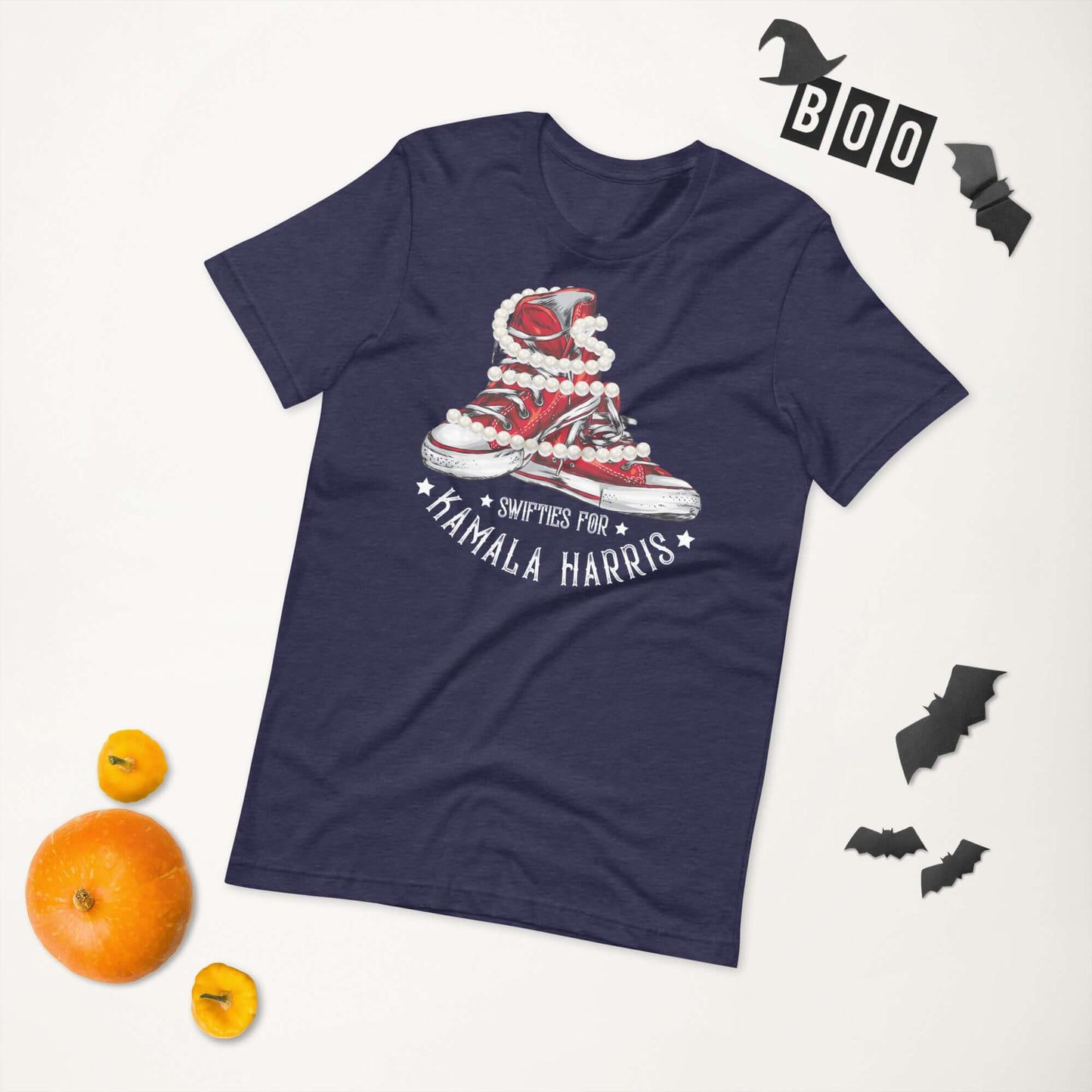 Swifties for Kamala Chucks and Pearls Harris VOTE unisex t-shirt in navy on Halloween-themed background with bats and pumpkins