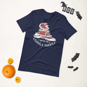 Unisex Swifties for Kamala Chucks and Pearls Harris VOTE t-shirt with Halloween decorations and oranges.