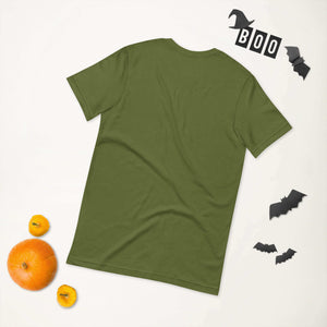 Green unisex t-shirt photographed from the back, displayed flat with Halloween-themed decorations including bats, letters spelling "BOO," and orange fruits.