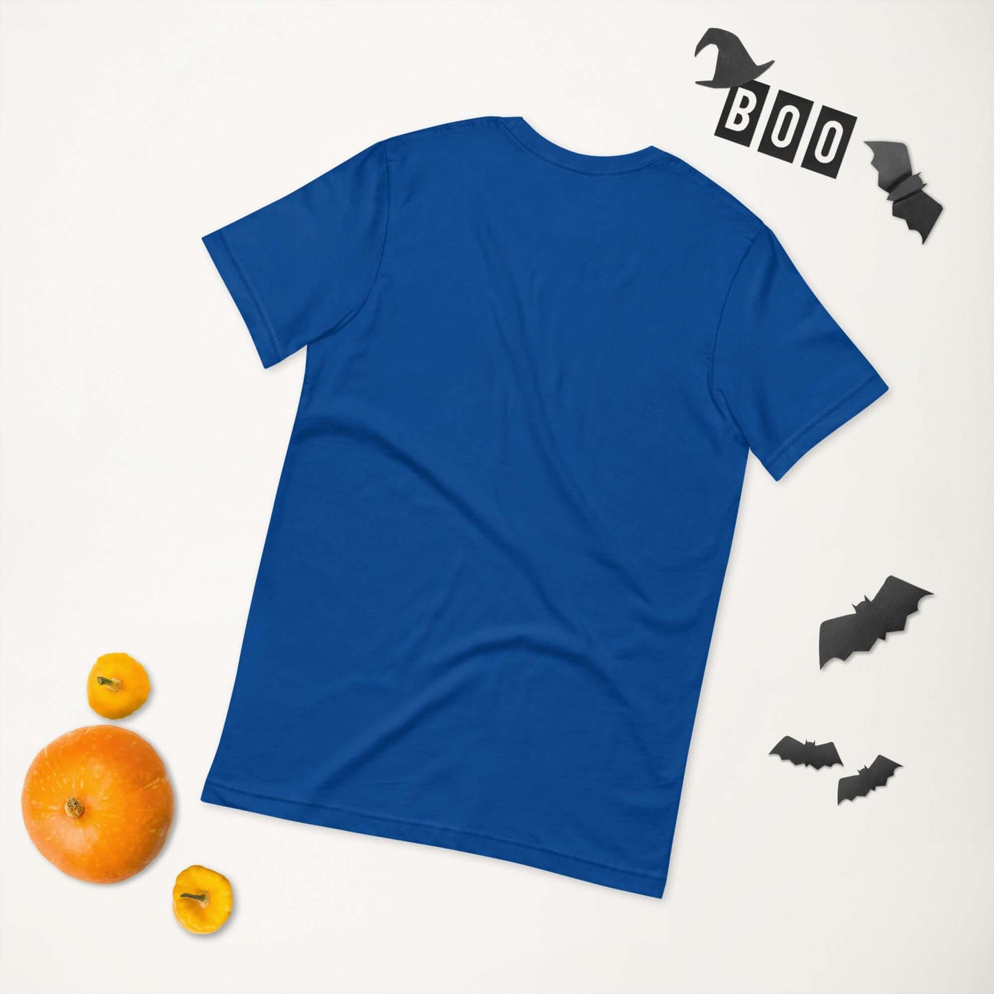 Unisex blue t-shirt with a Halloween-themed background and pumpkins